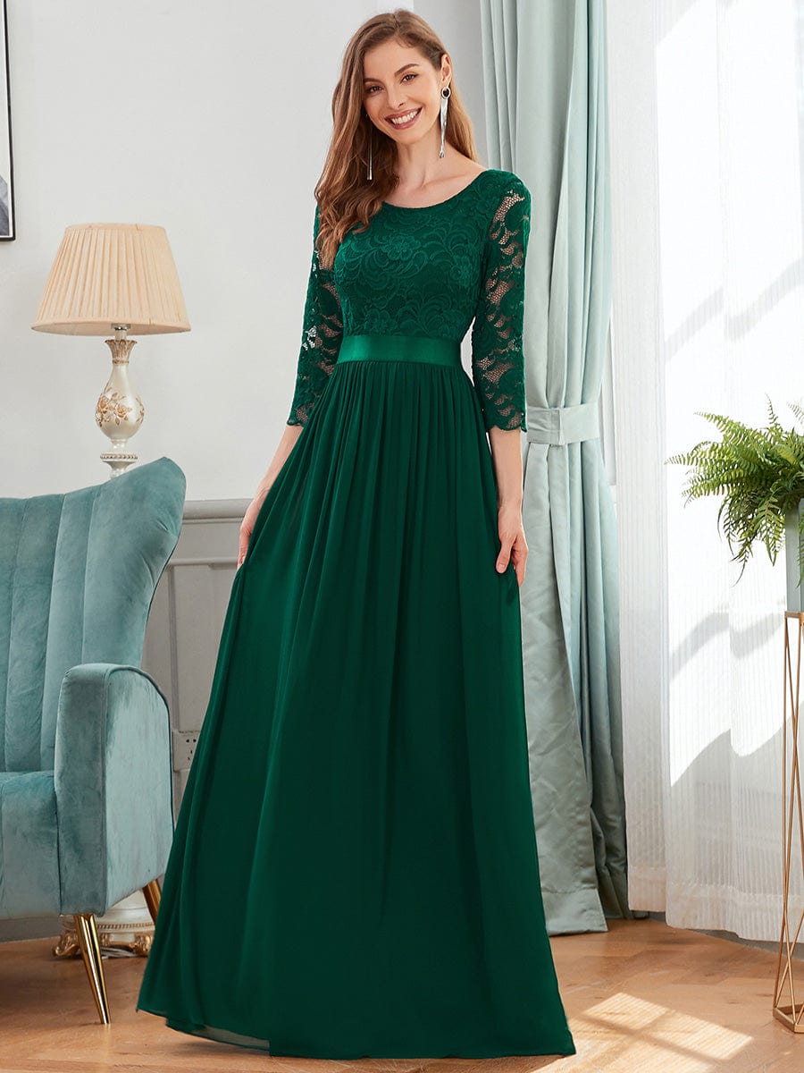 Elegant Round Neck A Line See-Through Lace Evening Dress #color_Dark Green