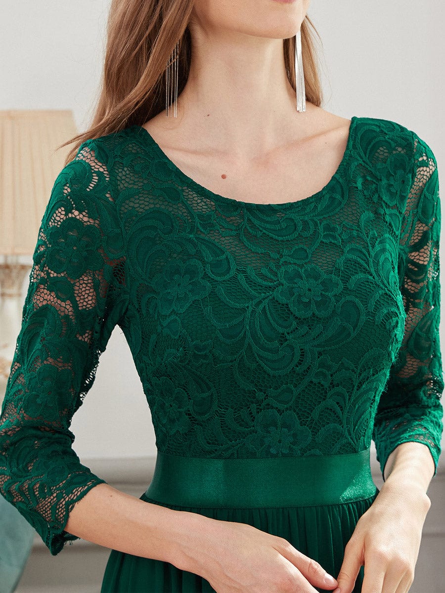 See-Through Floor Length Lace Dress with Half Sleeve in Dark Green #color_Dark Green