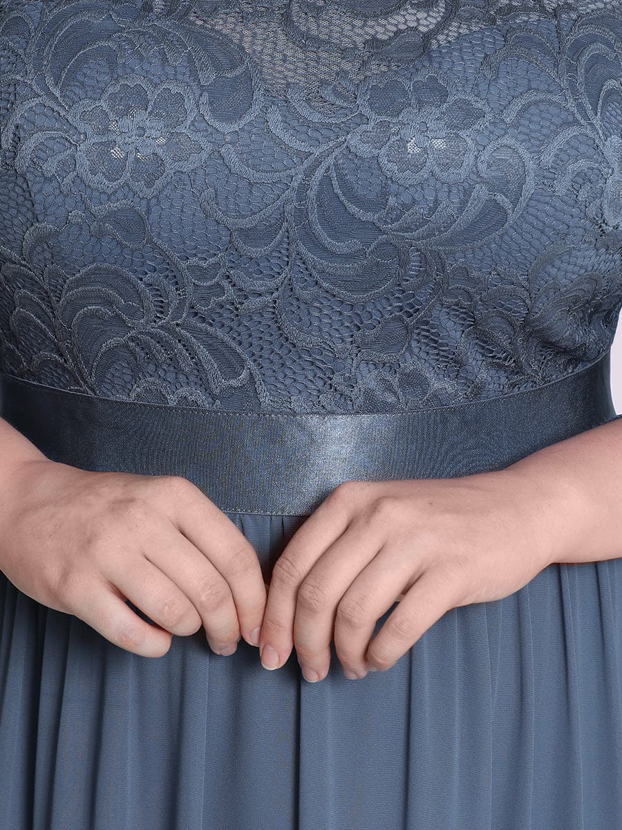 Elegant Round Neck A Line See-Through Lace Bridesmaid Dress in Dusty Blue #color_Dusty Blue