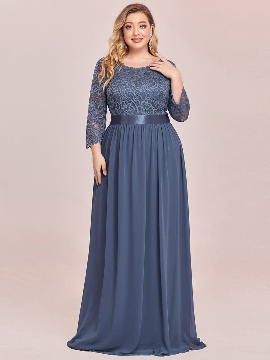 Elegant Round Neck A Line See-Through Lace Bridesmaid Dress in Dusty Blue #color_Dusty Blue