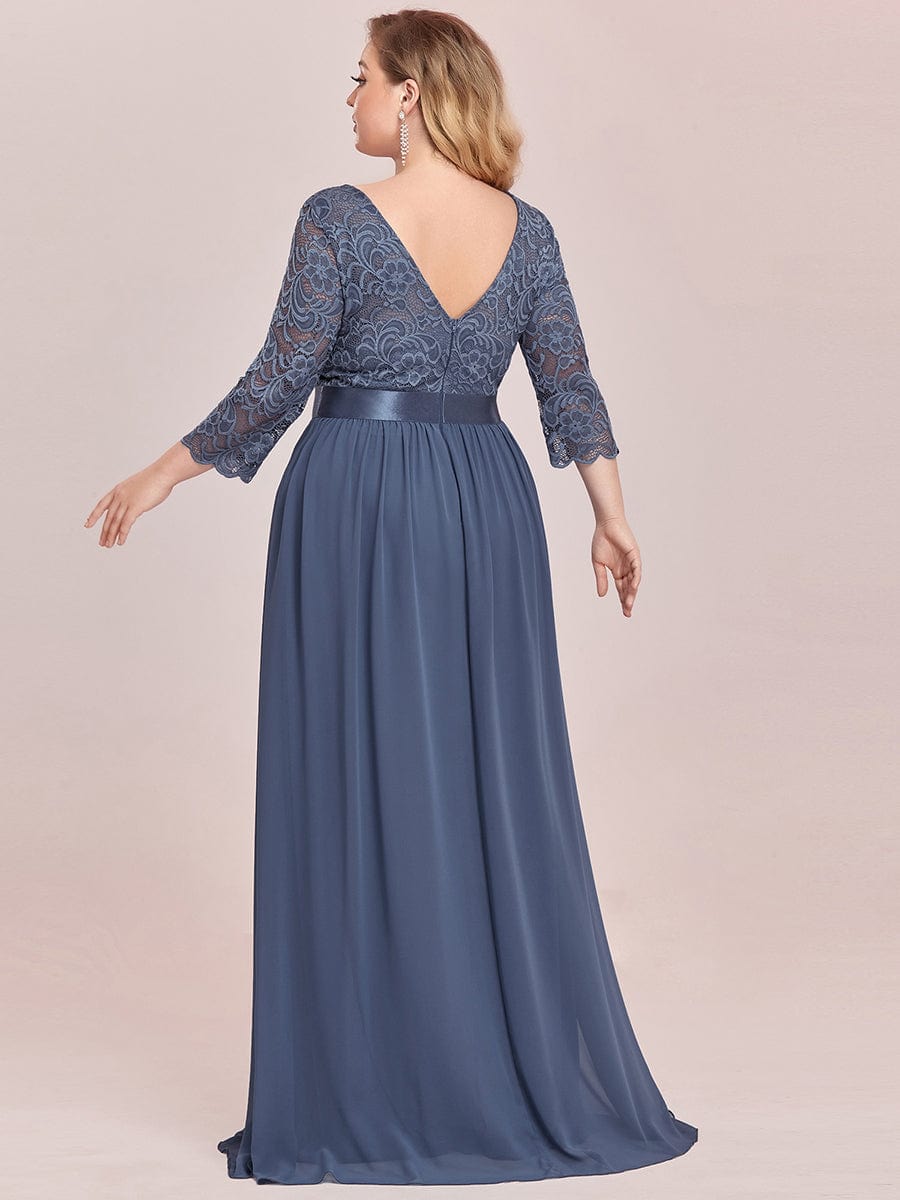 Elegant Round Neck A Line See-Through Lace Evening Dress #color_Dusty Navy