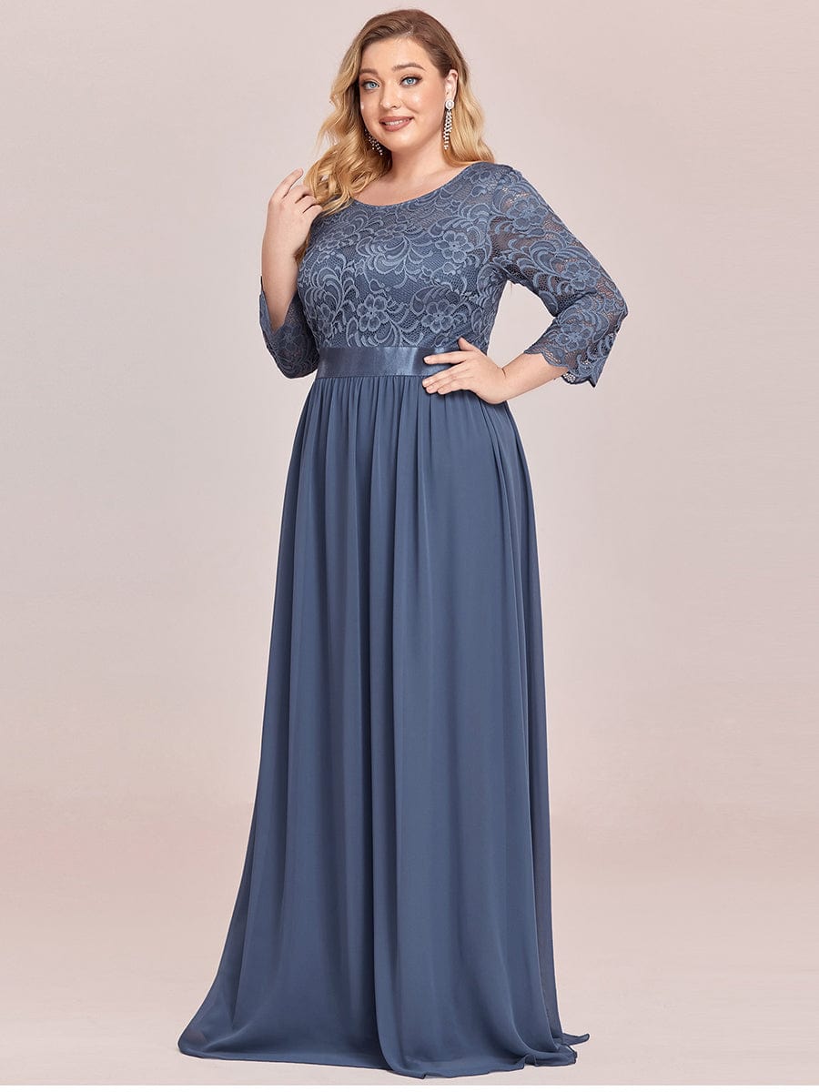 Elegant Round Neck A Line See-Through Lace Bridesmaid Dress in Dusty Blue #color_Dusty Blue