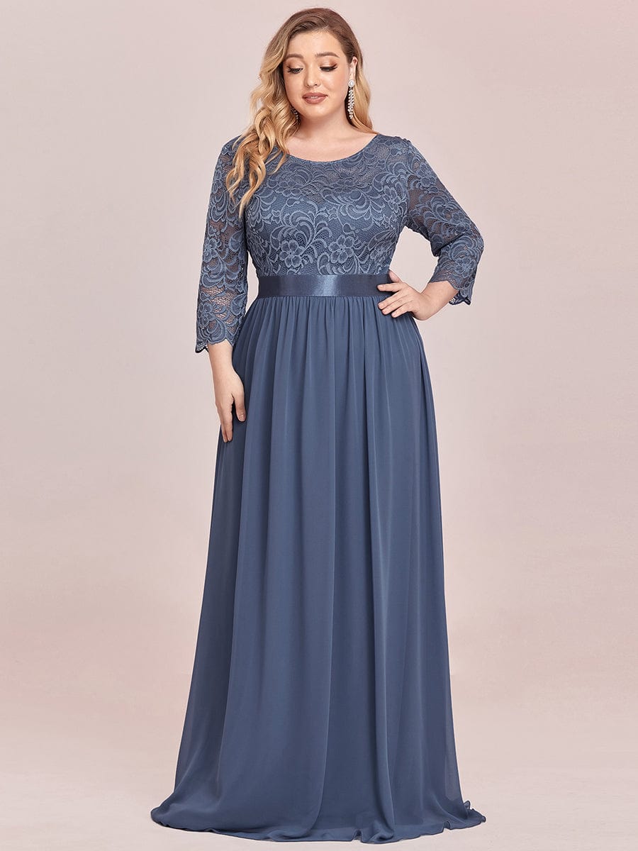 Elegant Round Neck A Line See-Through Lace Bridesmaid Dress in Dusty Blue #color_Dusty Blue