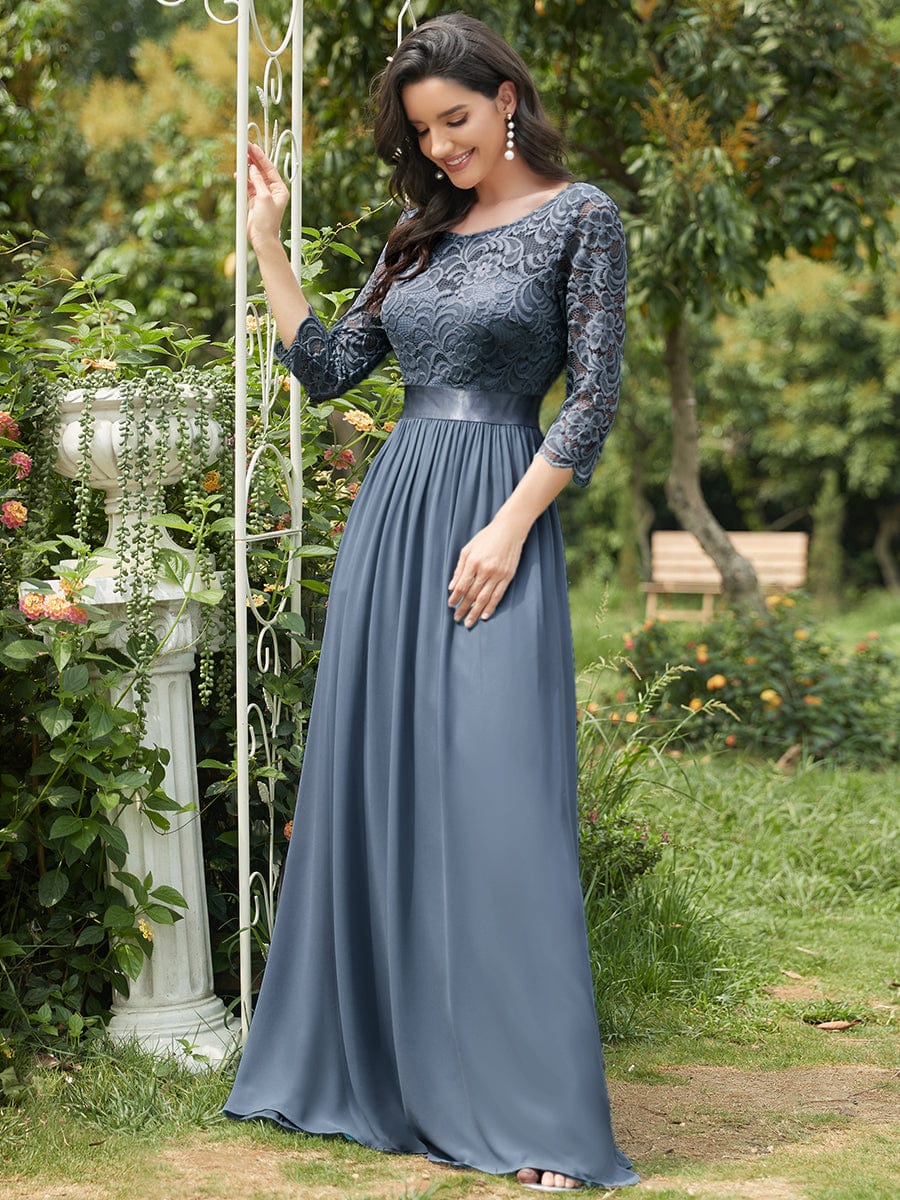 Elegant Round Neck A Line See-Through Lace Evening Dress #color_Dusty Blue