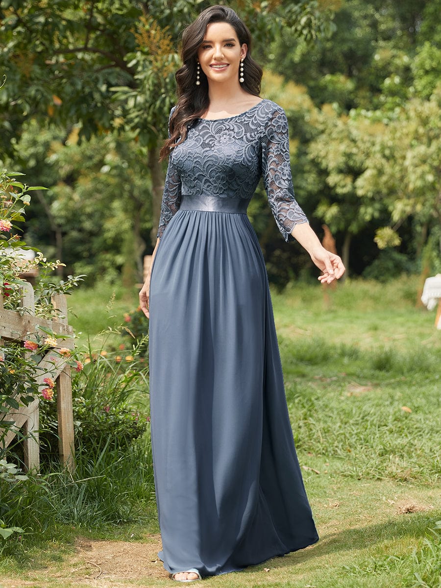 Elegant Round Neck A Line See-Through Lace Evening Dress #color_Dusty Navy