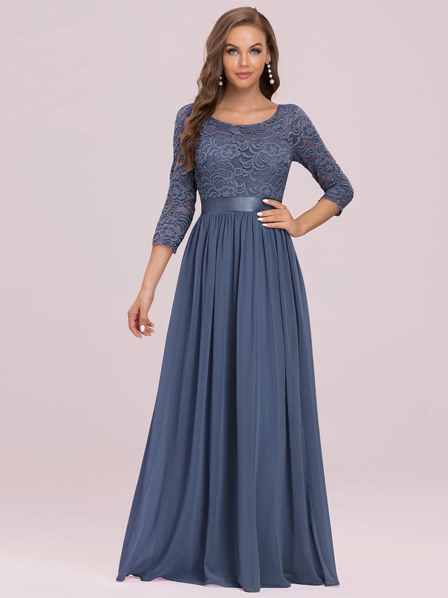 Elegant Round Neck A Line See-Through Lace Evening Dress #color_Dusty Navy