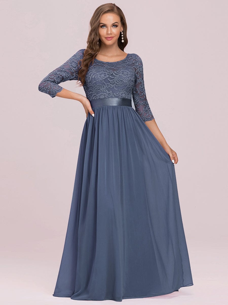 Elegant Round Neck A Line See-Through Lace Evening Dress #color_Dusty Navy