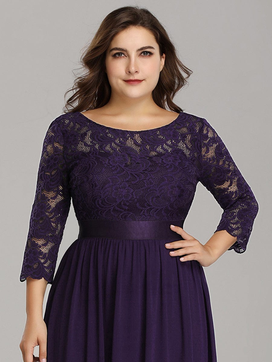 Elegant Round Neck A Line See-Through Lace Evening Dress #color_Dark Purple