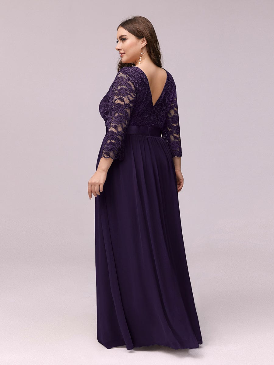 Elegant Round Neck A Line See-Through Lace Evening Dress #color_Dark Purple