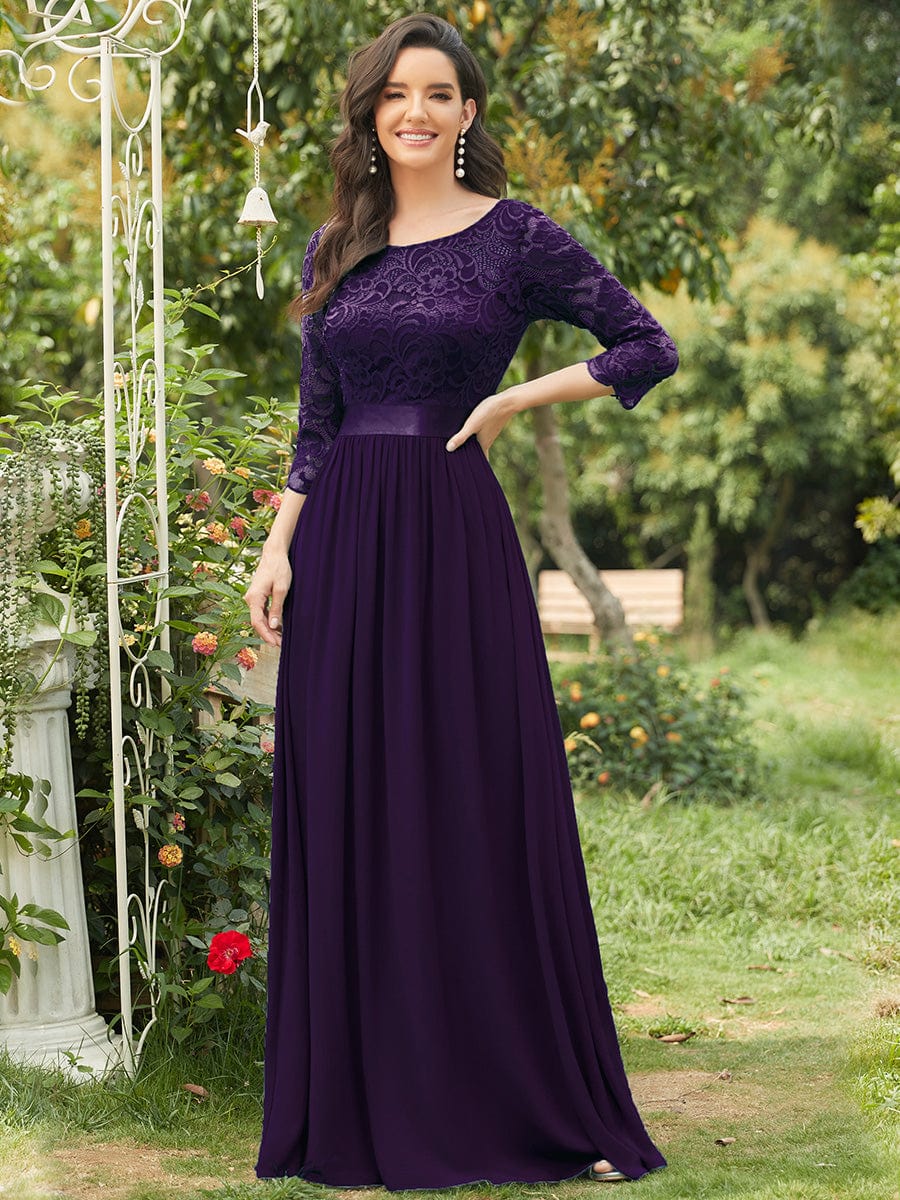 Elegant Round Neck A Line See-Through Lace Evening Dress #color_Dark Purple