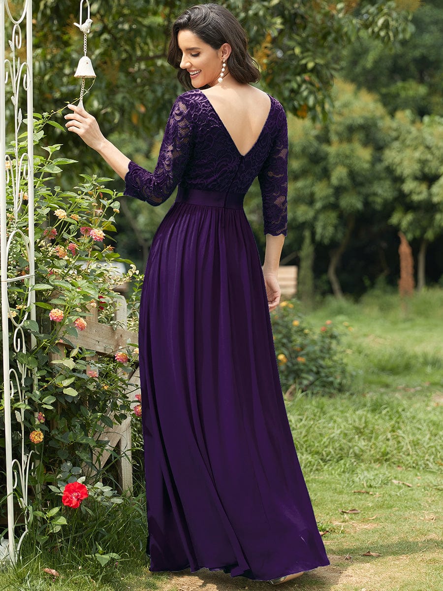 Elegant Round Neck A Line See-Through Lace Evening Dress #color_Dark Purple