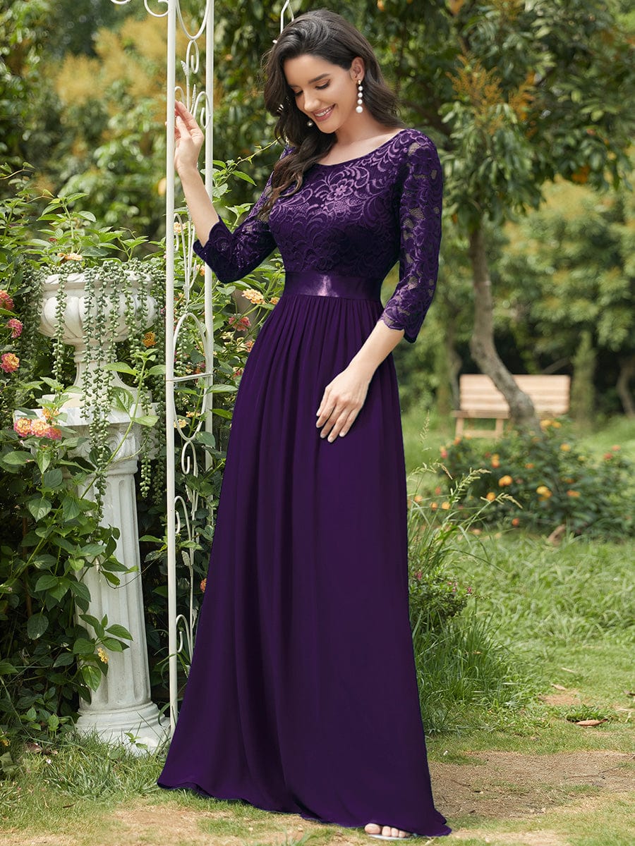 Elegant Round Neck A Line See-Through Lace Evening Dress #color_Dark Purple