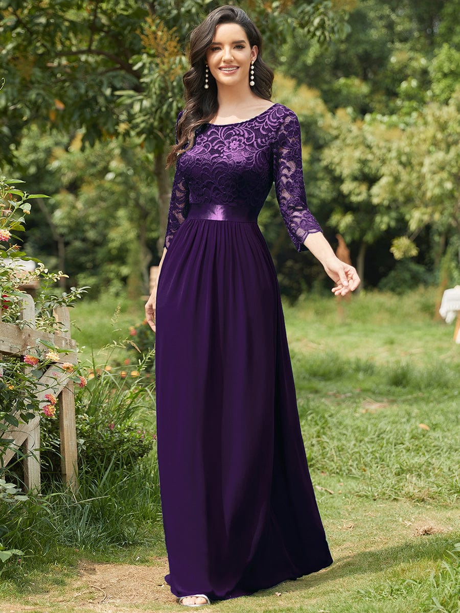 Elegant Round Neck A Line See-Through Lace Evening Dress #color_Dark Purple