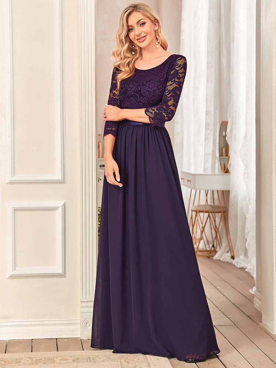 Elegant Round Neck A Line See-Through Lace Evening Dress #color_Dark Purple