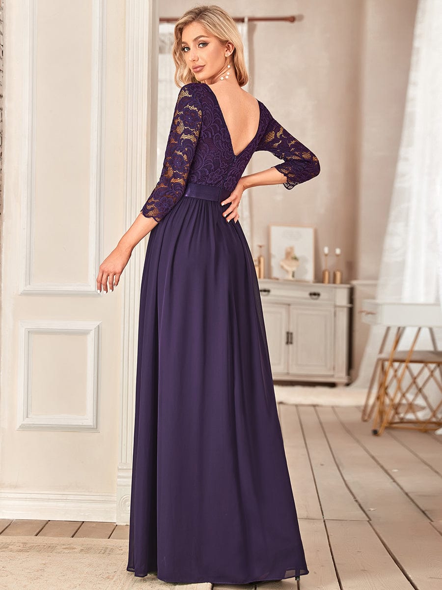 Elegant Round Neck A Line See-Through Lace Evening Dress #color_Dark Purple