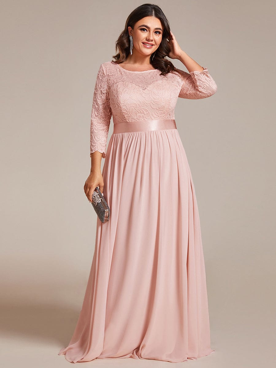 Elegant Round Neck A Line See-Through Lace Evening Dress #color_Pink