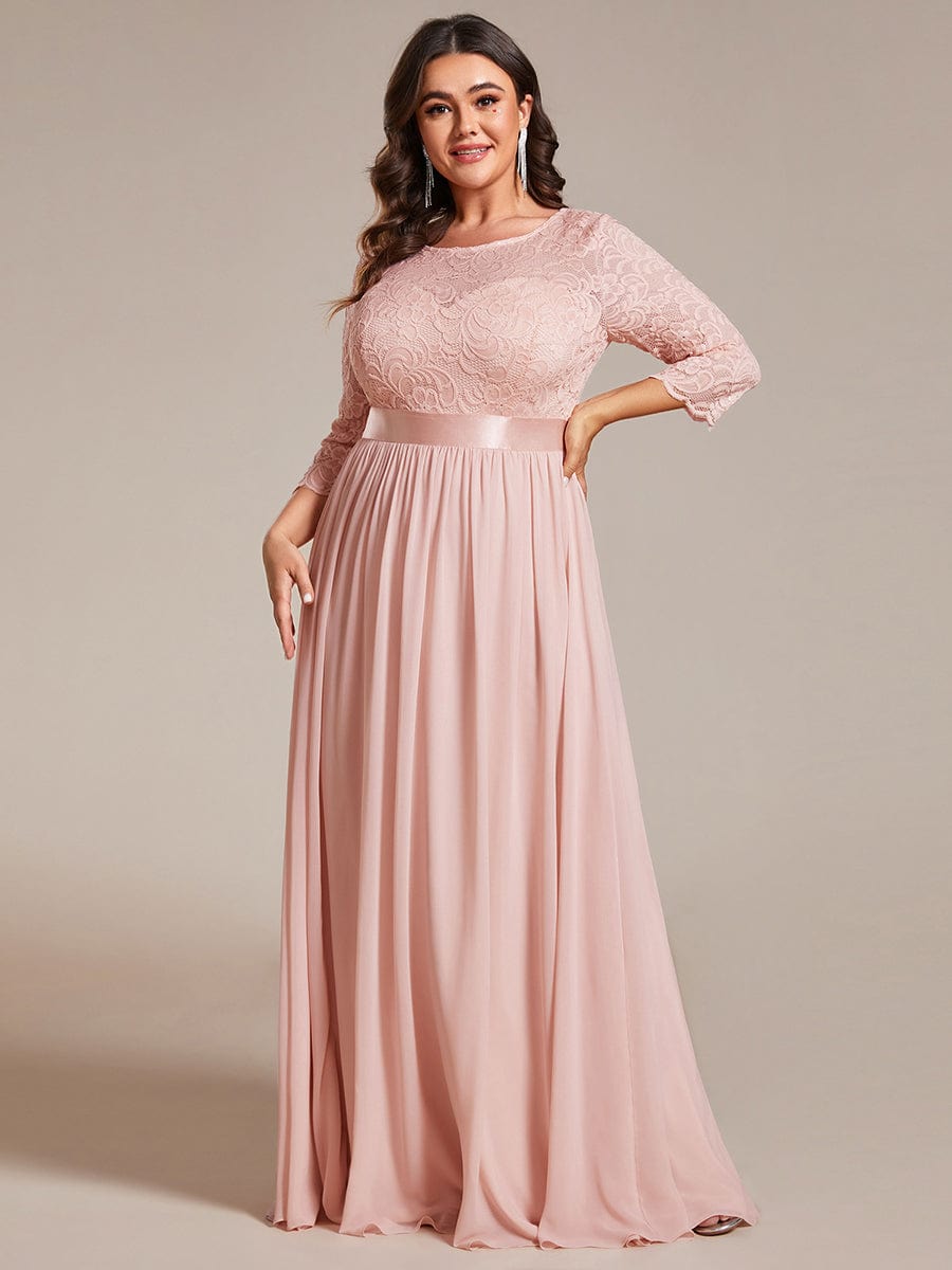 Elegant Round Neck A Line See-Through Lace Evening Dress #color_Pink