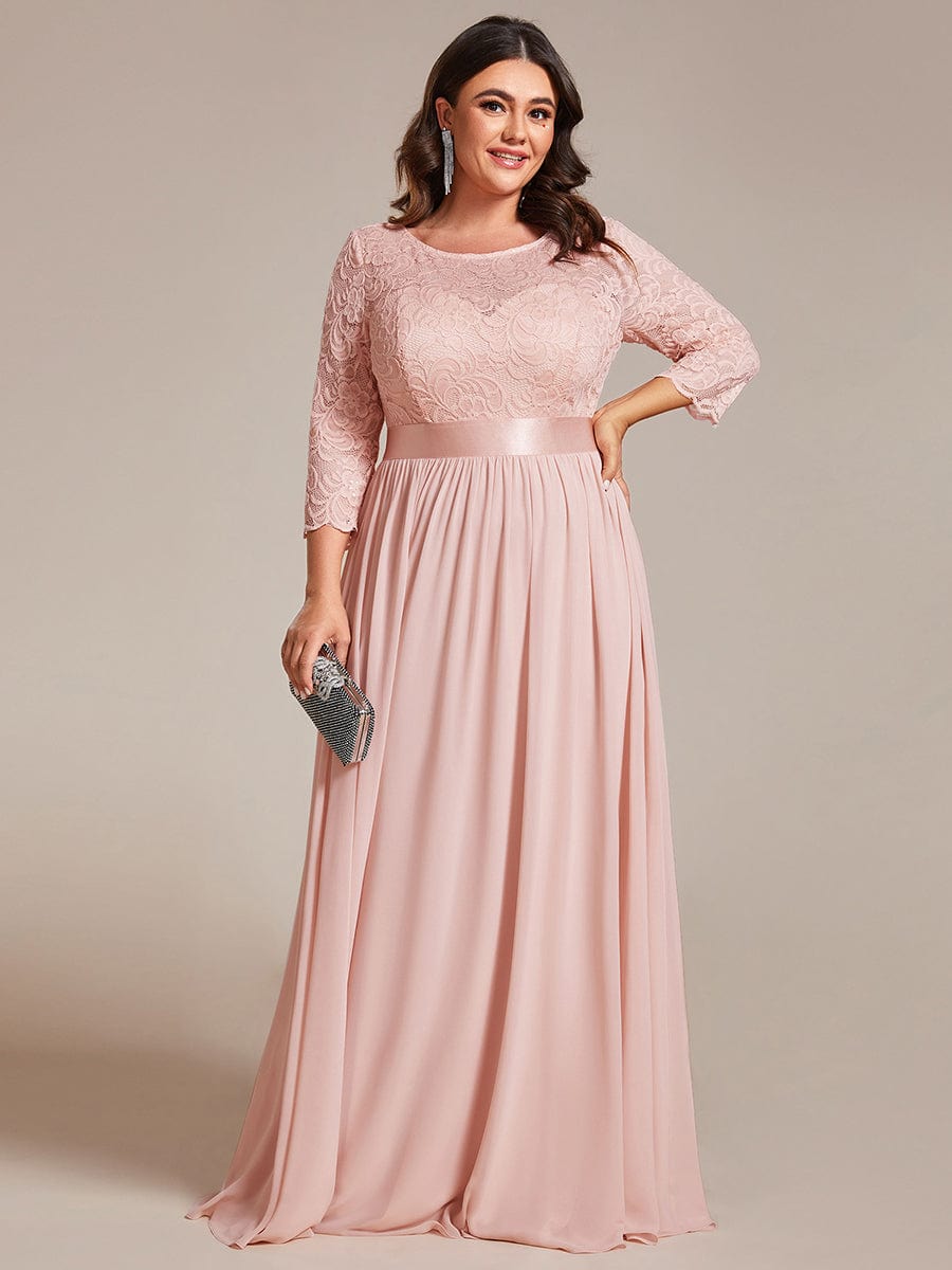 Elegant Round Neck A Line See-Through Lace Evening Dress #color_Pink