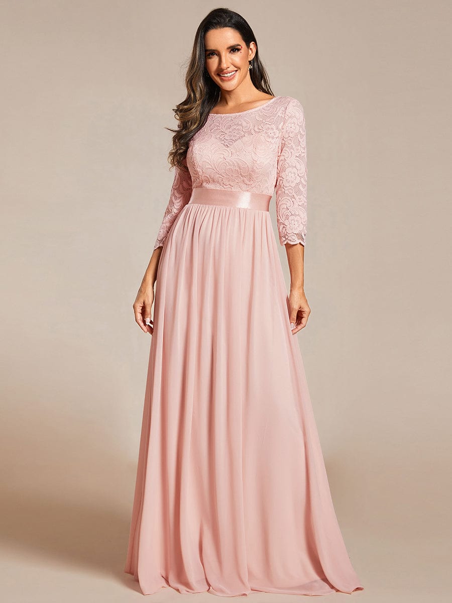 Elegant Round Neck A Line See-Through Lace Evening Dress #color_Pink