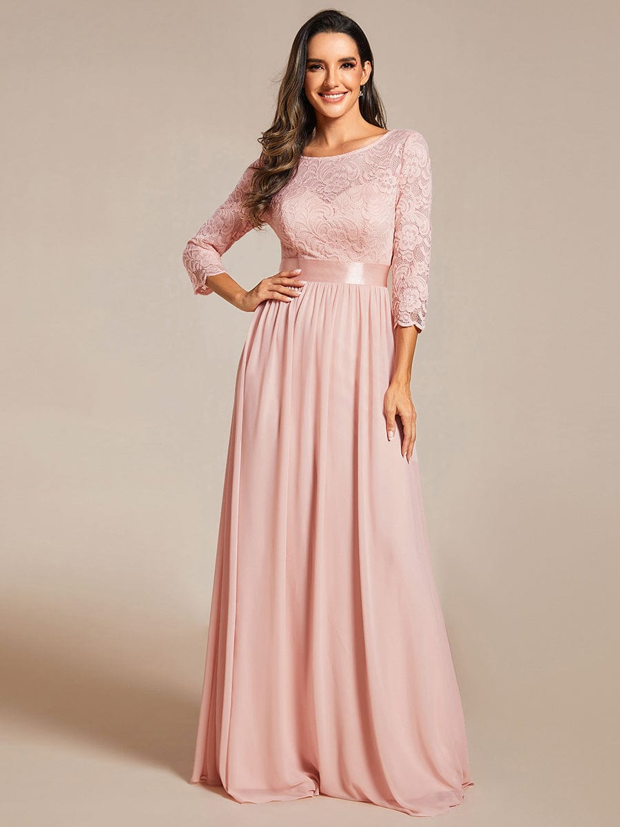 Elegant Round Neck A Line See-Through Lace Evening Dress #color_Pink