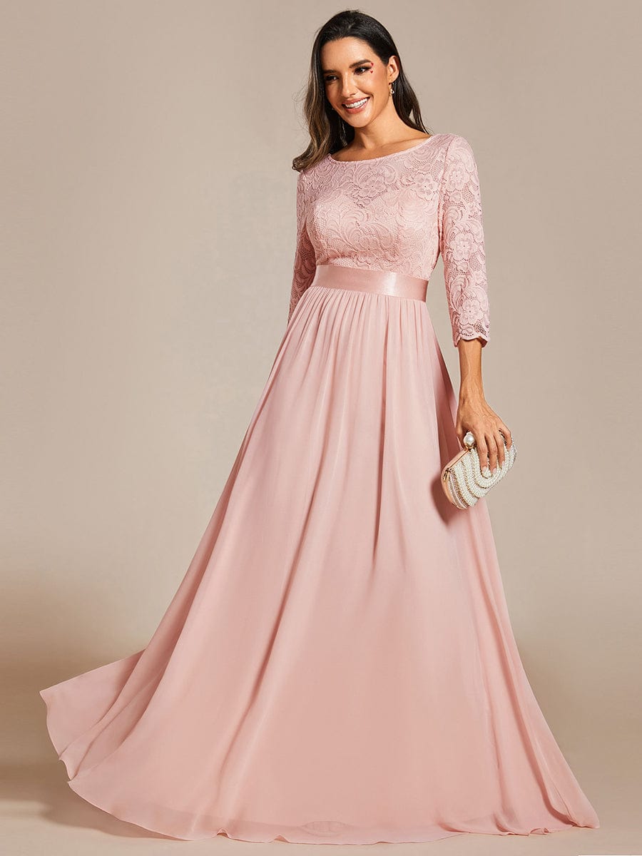 Elegant Round Neck A Line See-Through Lace Evening Dress #color_Pink