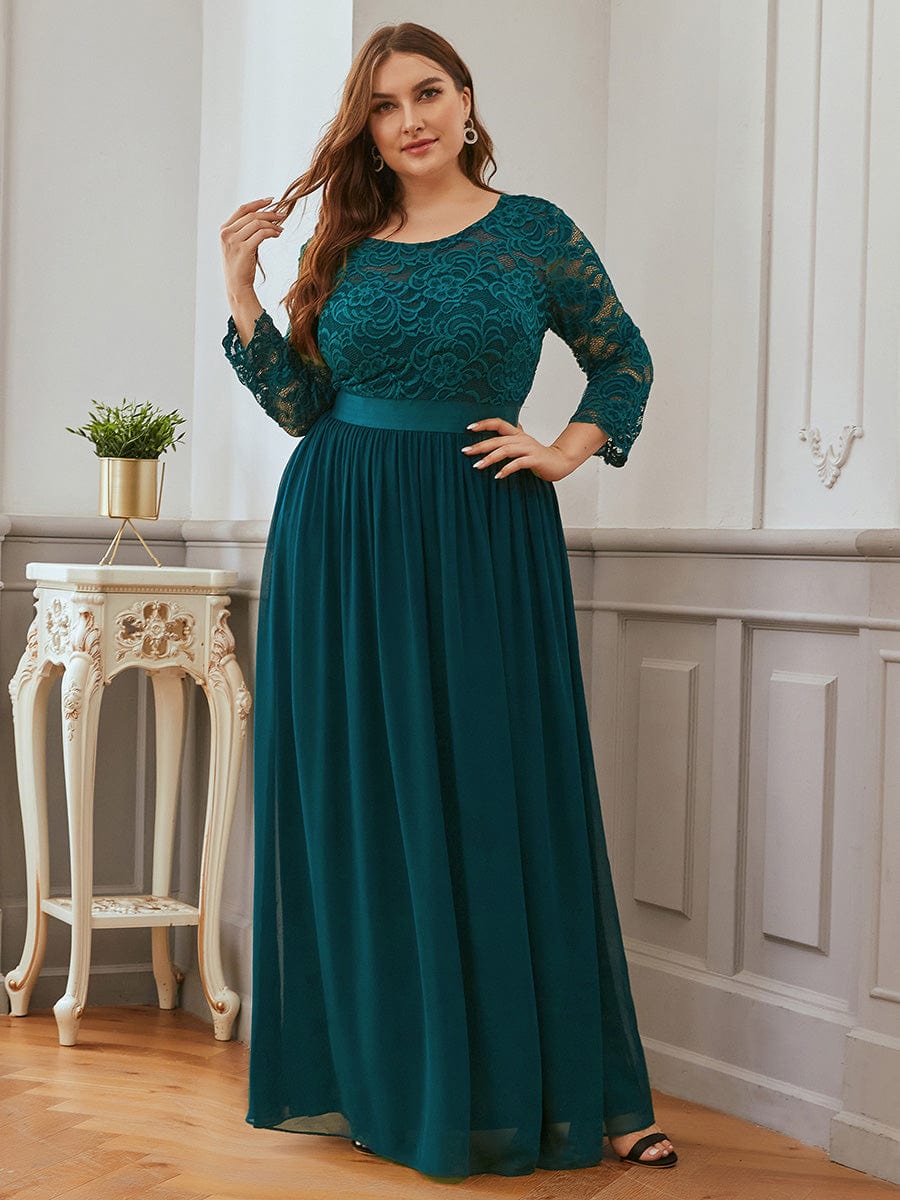 Elegant Round Neck A Line See-Through Lace Evening Dress #color_Teal