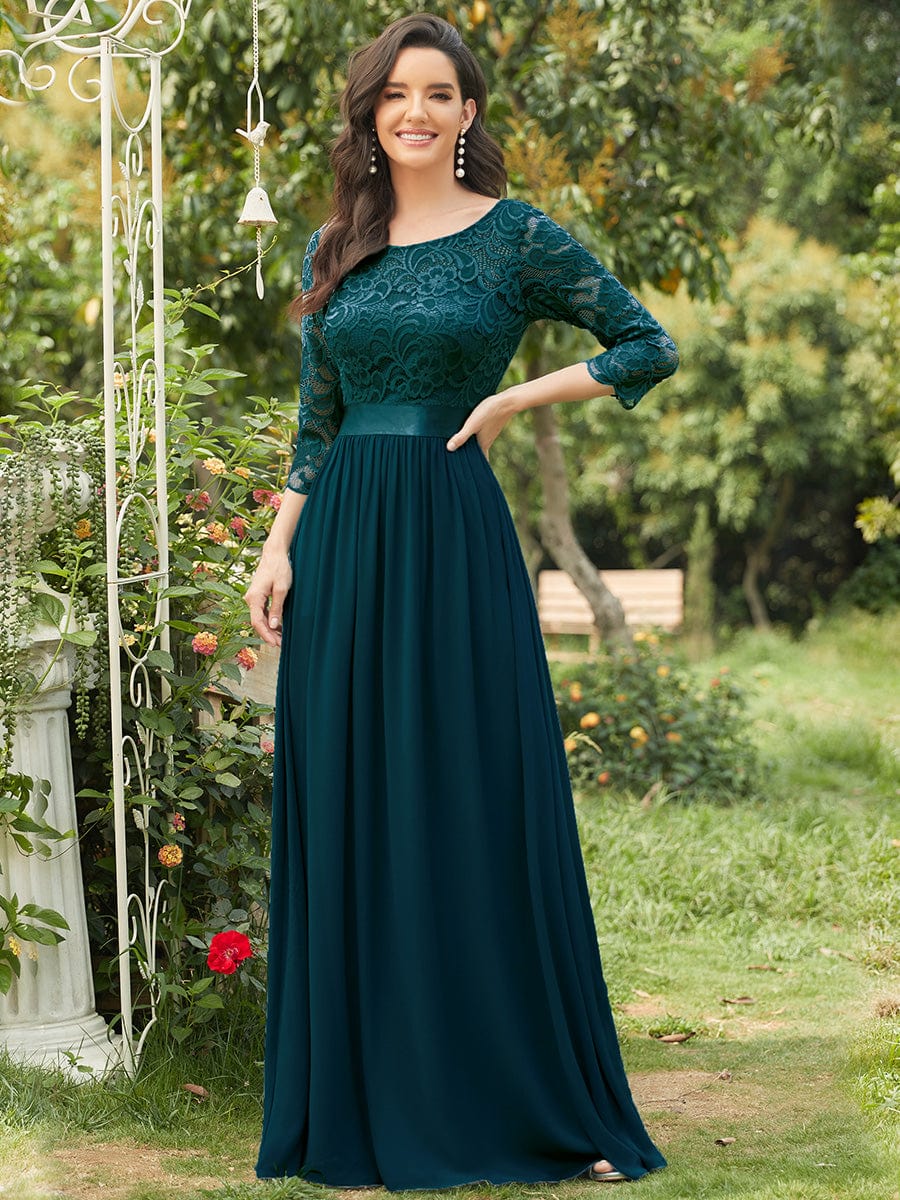 Elegant Round Neck A Line See-Through Lace Evening Dress #color_Teal