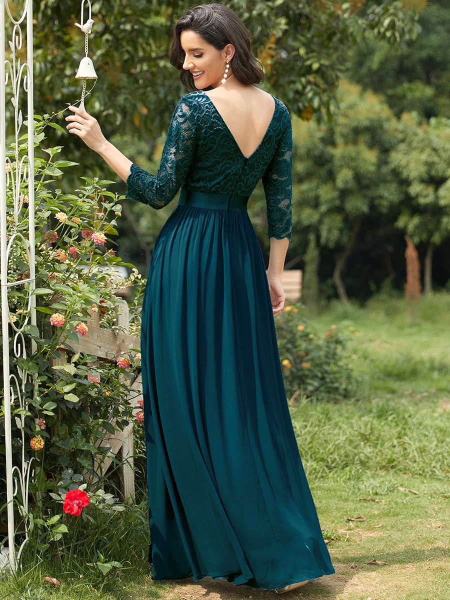 Elegant Round Neck A Line See-Through Lace Evening Dress #color_Teal