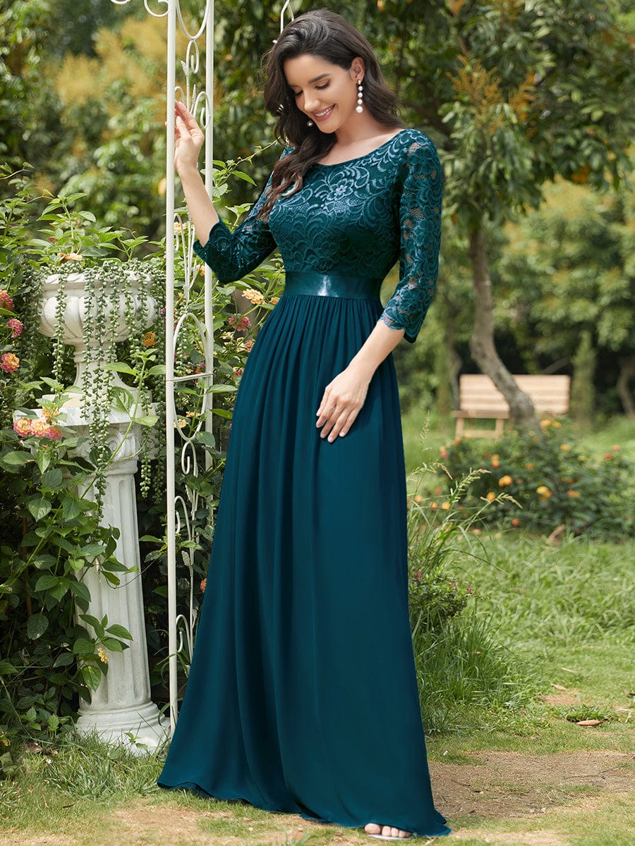 Elegant Round Neck A Line See-Through Lace Evening Dress #color_Teal