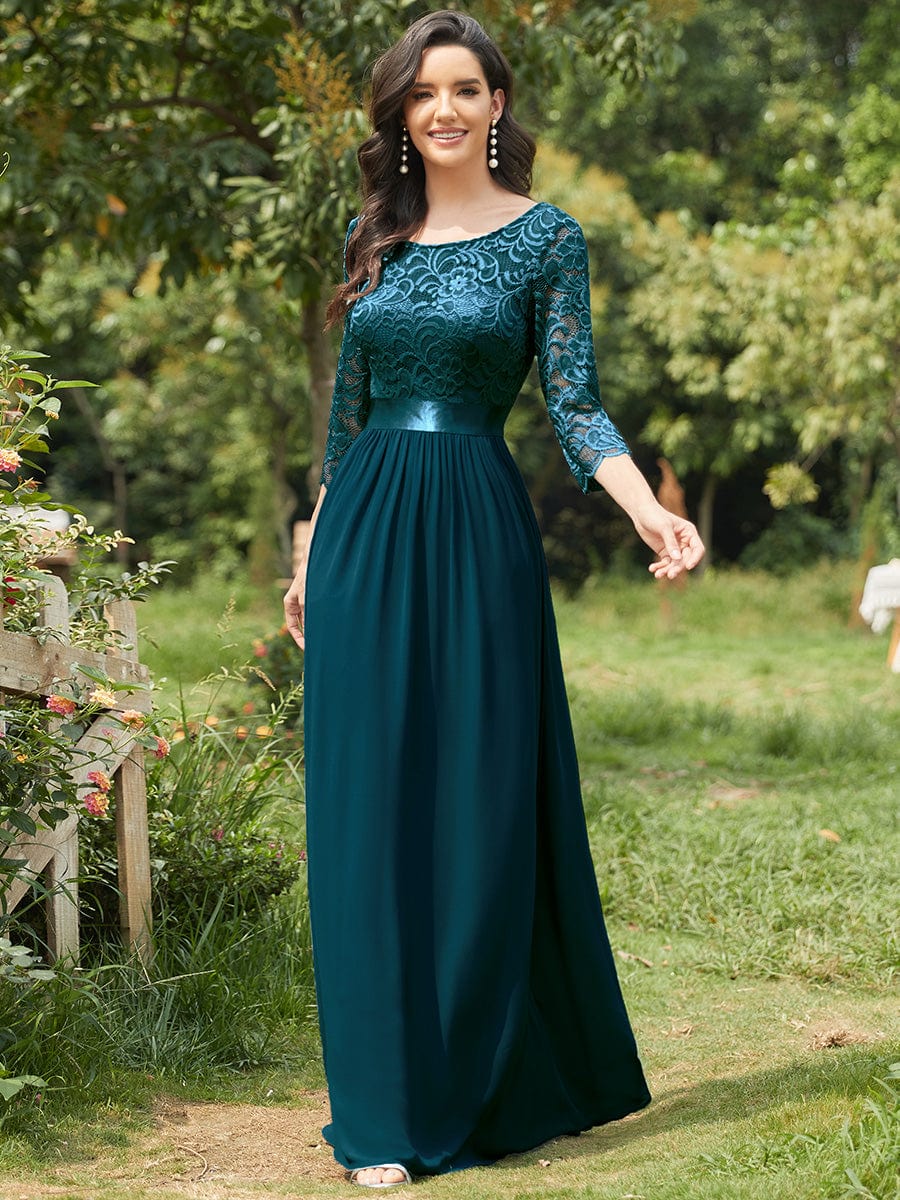 Elegant Round Neck A Line See-Through Lace Evening Dress #color_Teal