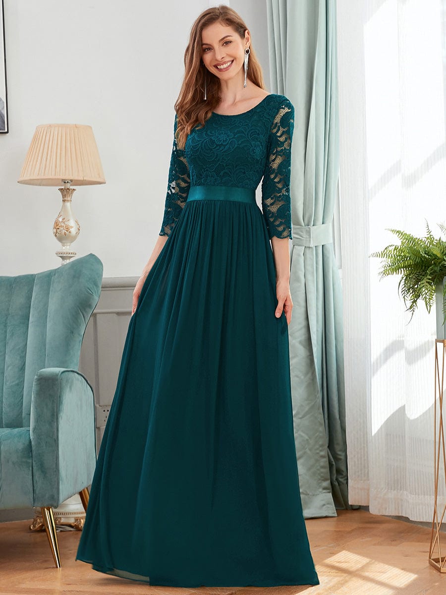 Elegant Round Neck A Line See-Through Lace Evening Dress #color_Teal