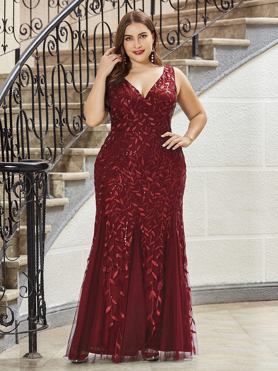 Plus Size Women's V-Neck Fishtail Seuqin Evening Dress #color_Burgundy