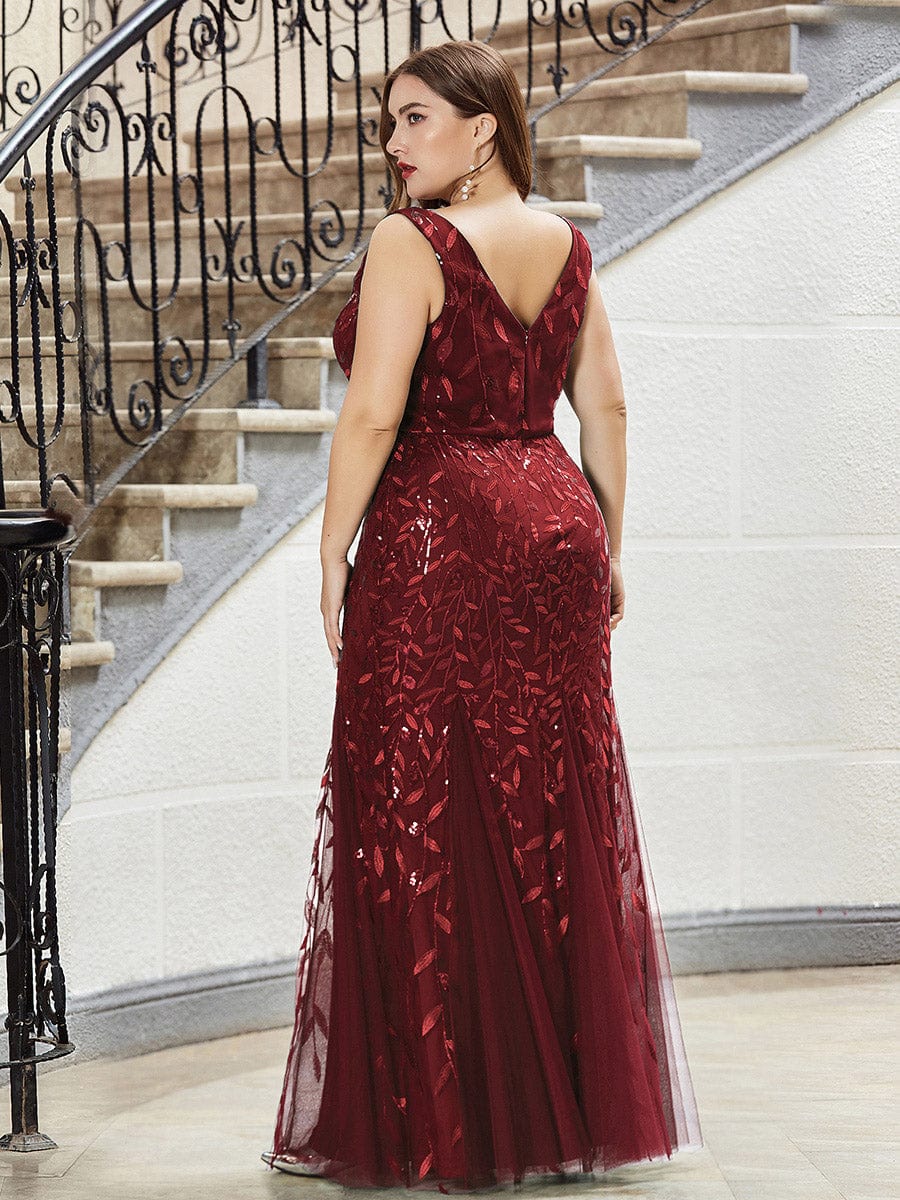 Women's Double V-Neck Fishtail Seuqin Evening Dress #color_Burgundy