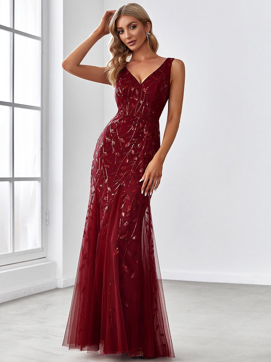 Women's Double V-Neck Fishtail Seuqin Evening Dress #color_Burgundy