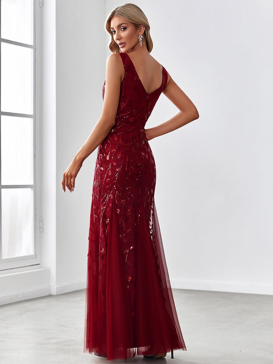 Women's Double V-Neck Fishtail Seuqin Evening Dress #color_Burgundy