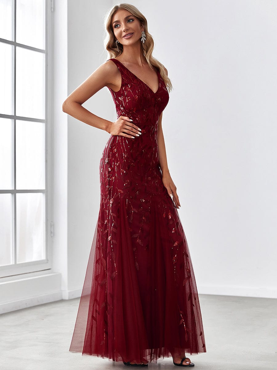 Women's Double V-Neck Fishtail Seuqin Evening Dress #color_Burgundy