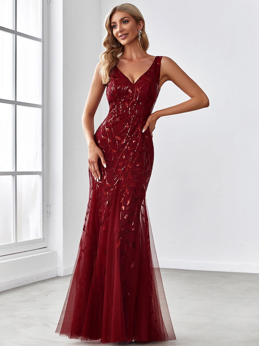 Women's Double V-Neck Fishtail Seuqin Evening Dress #color_Burgundy