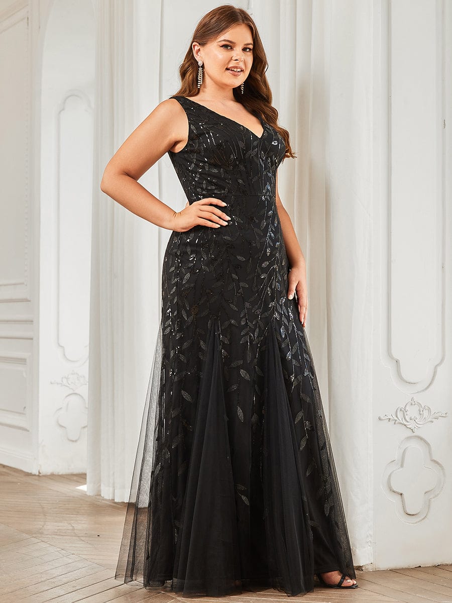 Plus Size Women's V-Neck Fishtail Seuqin Evening Dress #color_Black