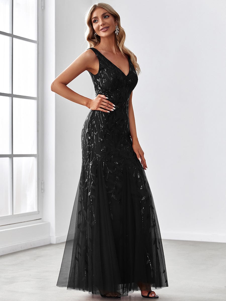 Women's Double V-Neck Fishtail Seuqin Evening Dress #color_Black