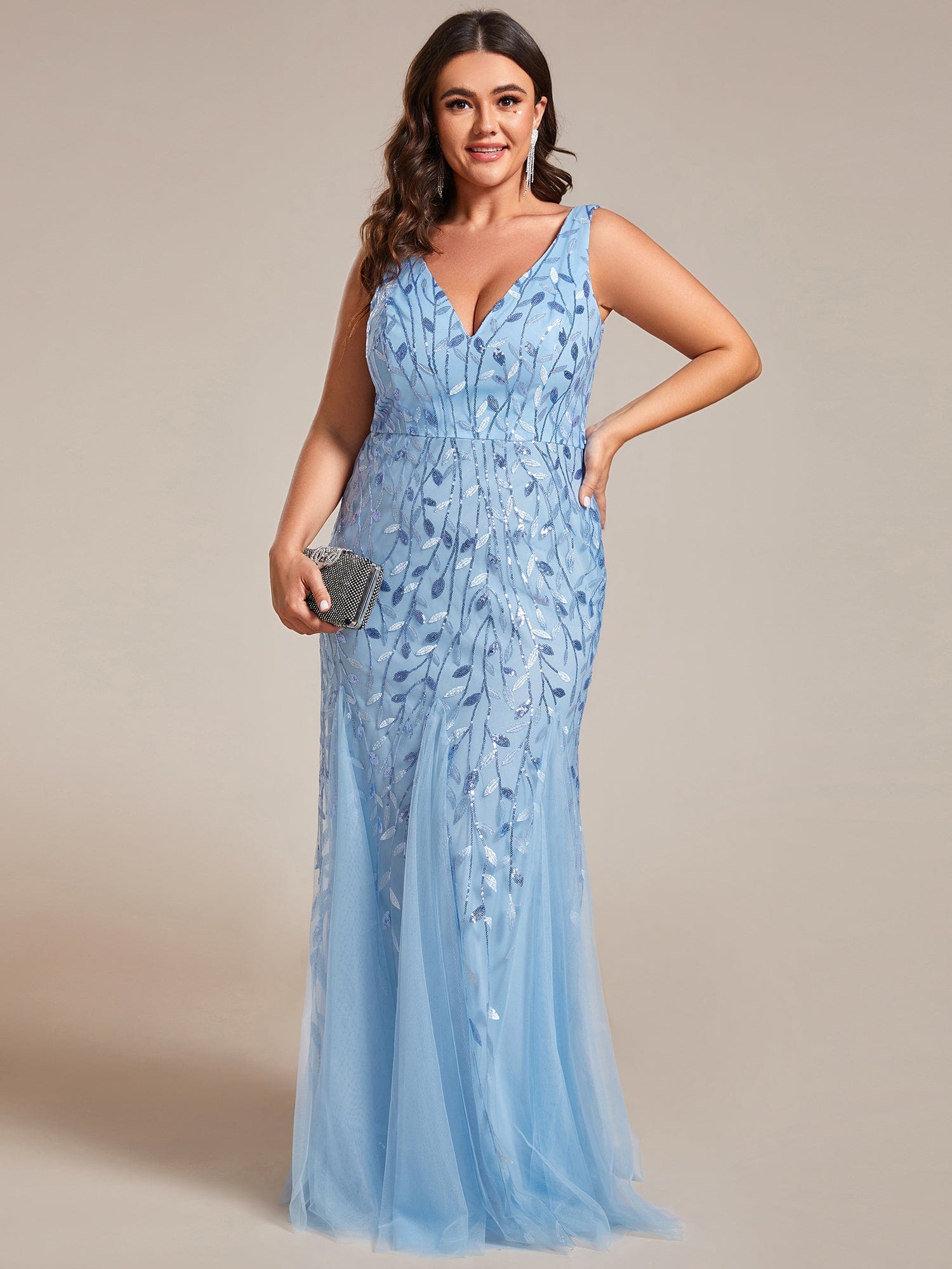 Women's Double V-Neck Fishtail Seuqin Evening Dress #color_Sky Blue