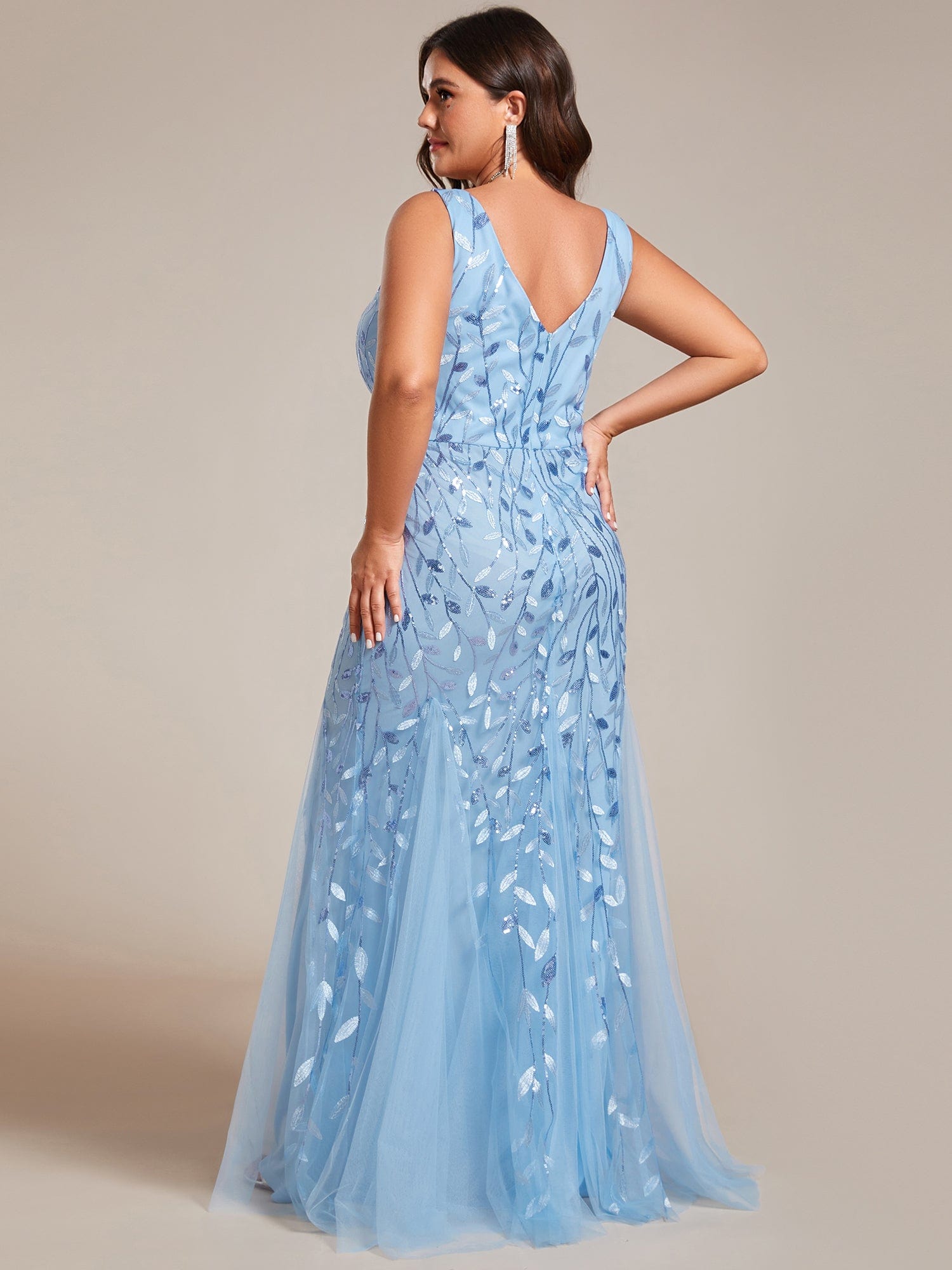 Women's Double V-Neck Fishtail Seuqin Evening Dress #color_Sky Blue