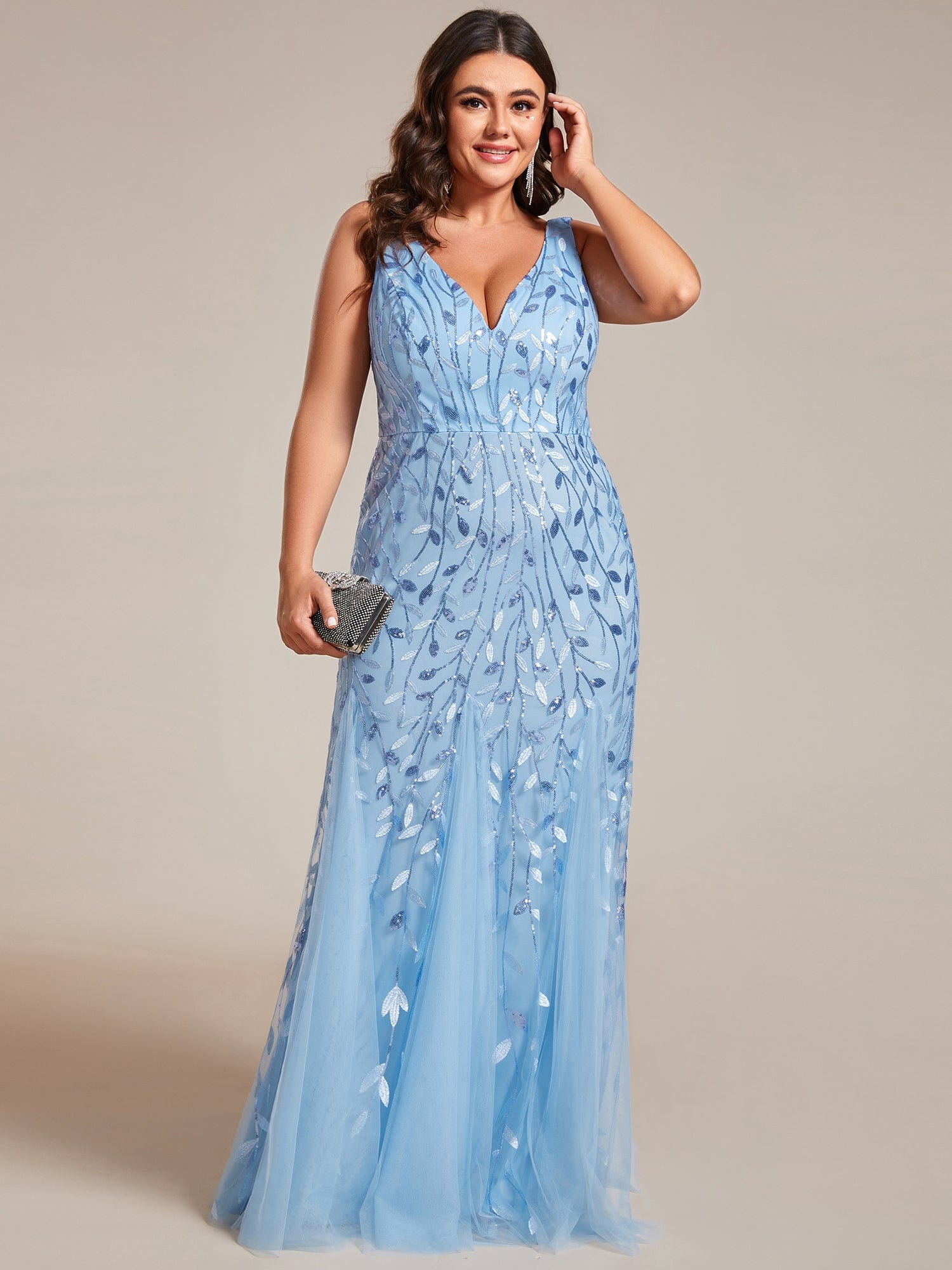 Women's Double V-Neck Fishtail Seuqin Evening Dress #color_Sky Blue