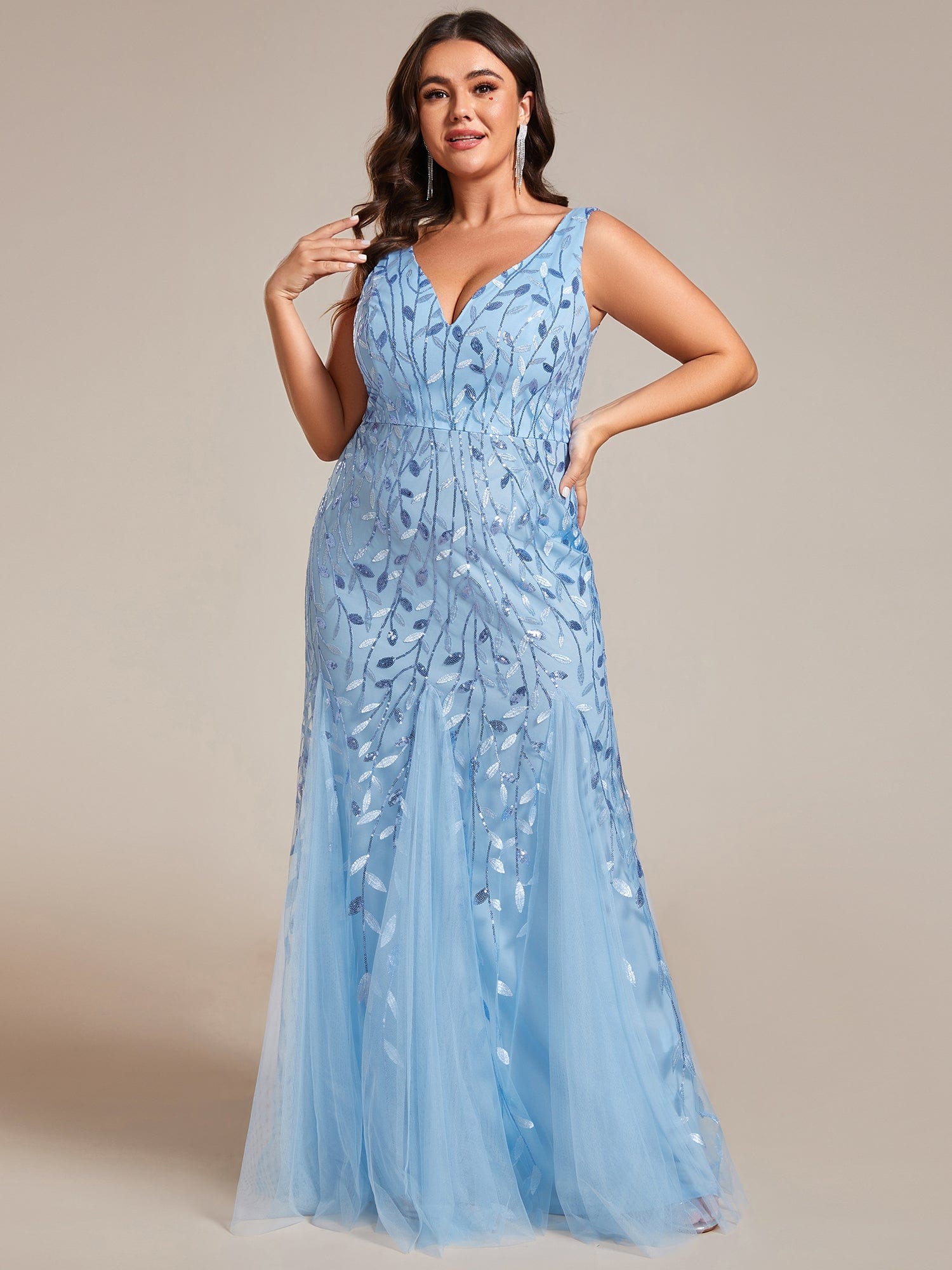 Women's Double V-Neck Fishtail Seuqin Evening Dress #color_Sky Blue