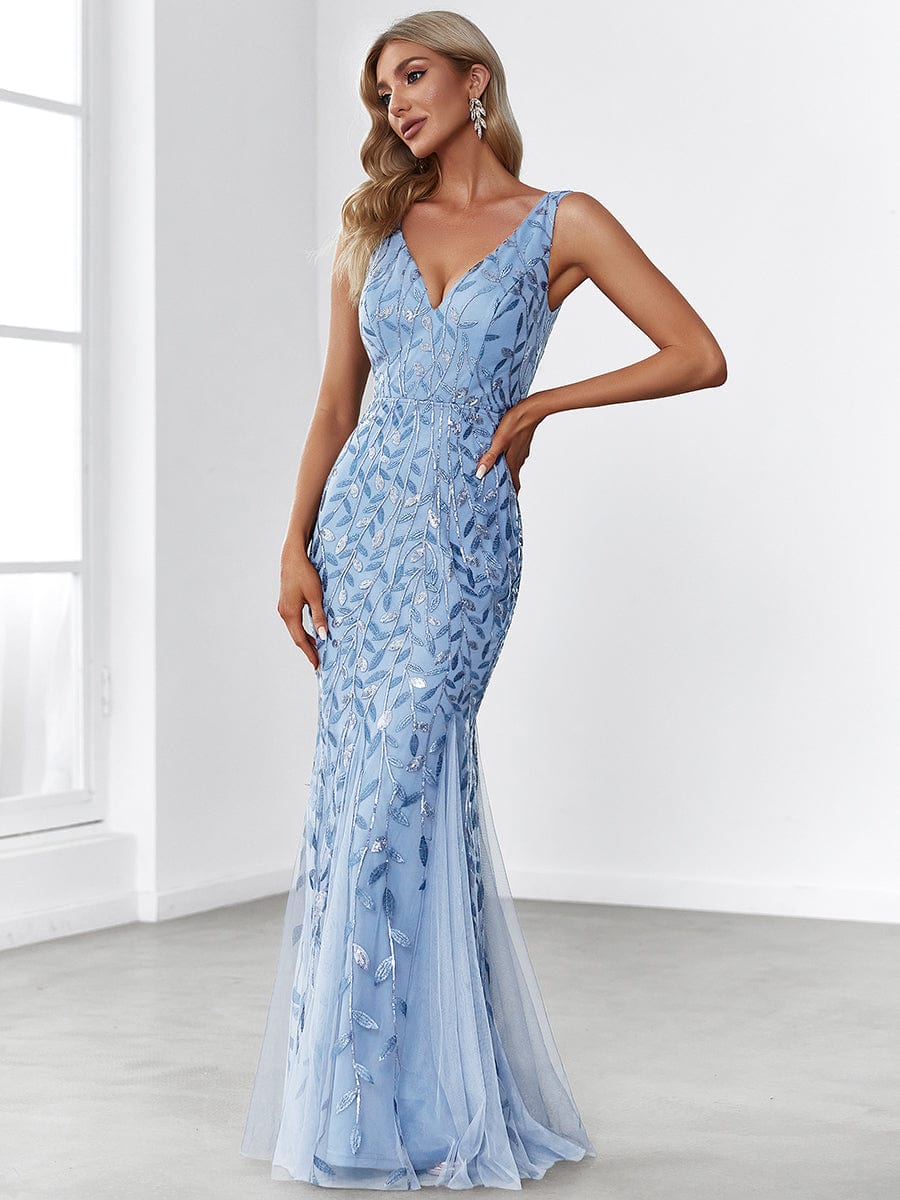 Women's Double V-Neck Fishtail Seuqin Evening Dress #color_Sky Blue