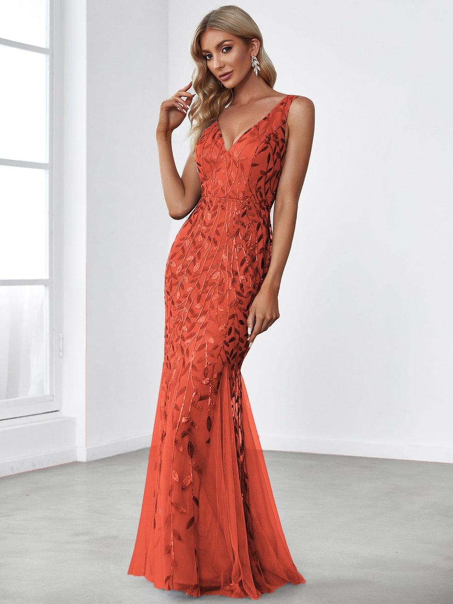 Women's Double V-Neck Fishtail Seuqin Evening Dress #color_Burnt Orange