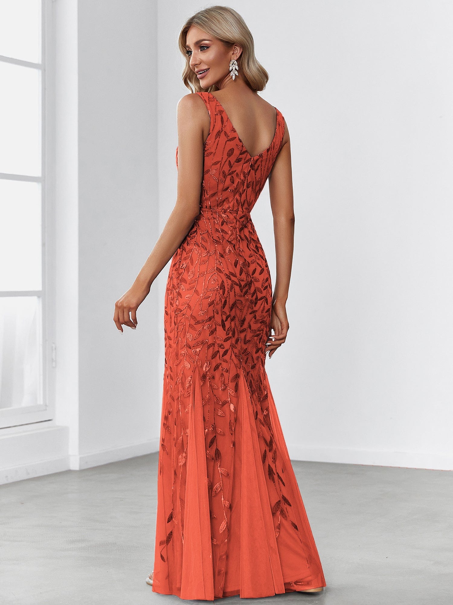 Women's Double V-Neck Fishtail Seuqin Evening Dress #color_Burnt Orange