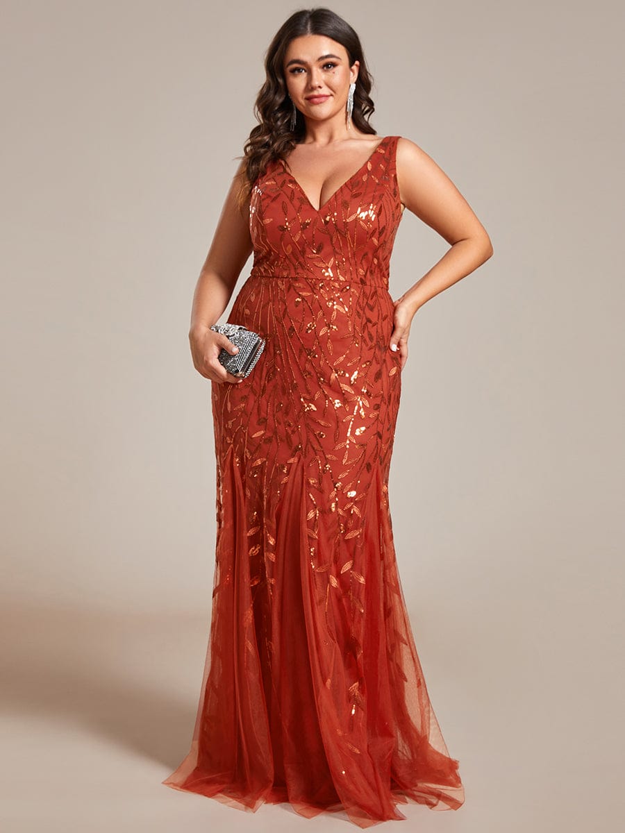 Women's Double V-Neck Fishtail Seuqin Evening Dress #color_Burnt Orange