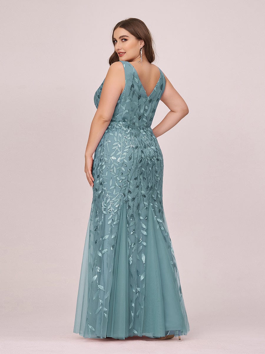 Plus Size Women's V-Neck Fishtail Seuqin Evening Dress #color_Dusty blue