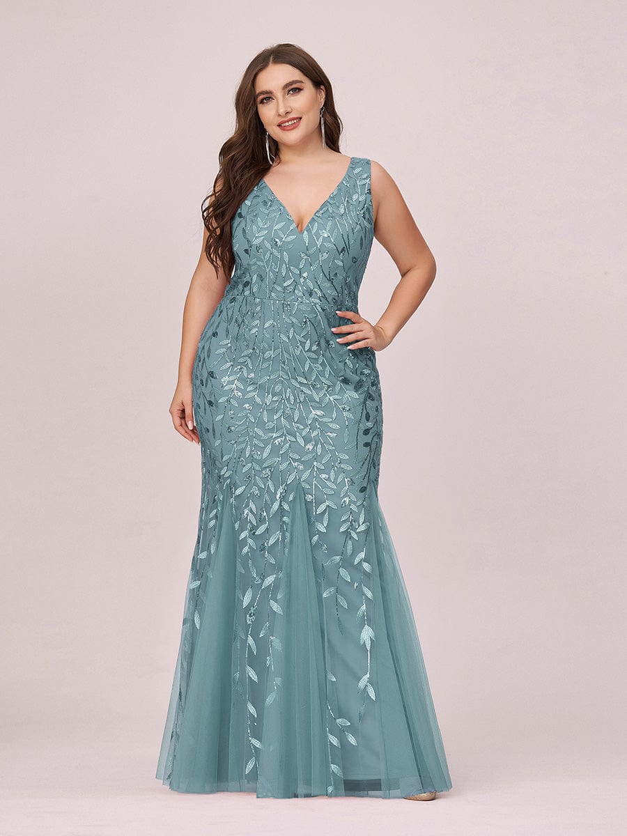 Plus Size Women's V-Neck Fishtail Seuqin Evening Dress #color_Dusty blue