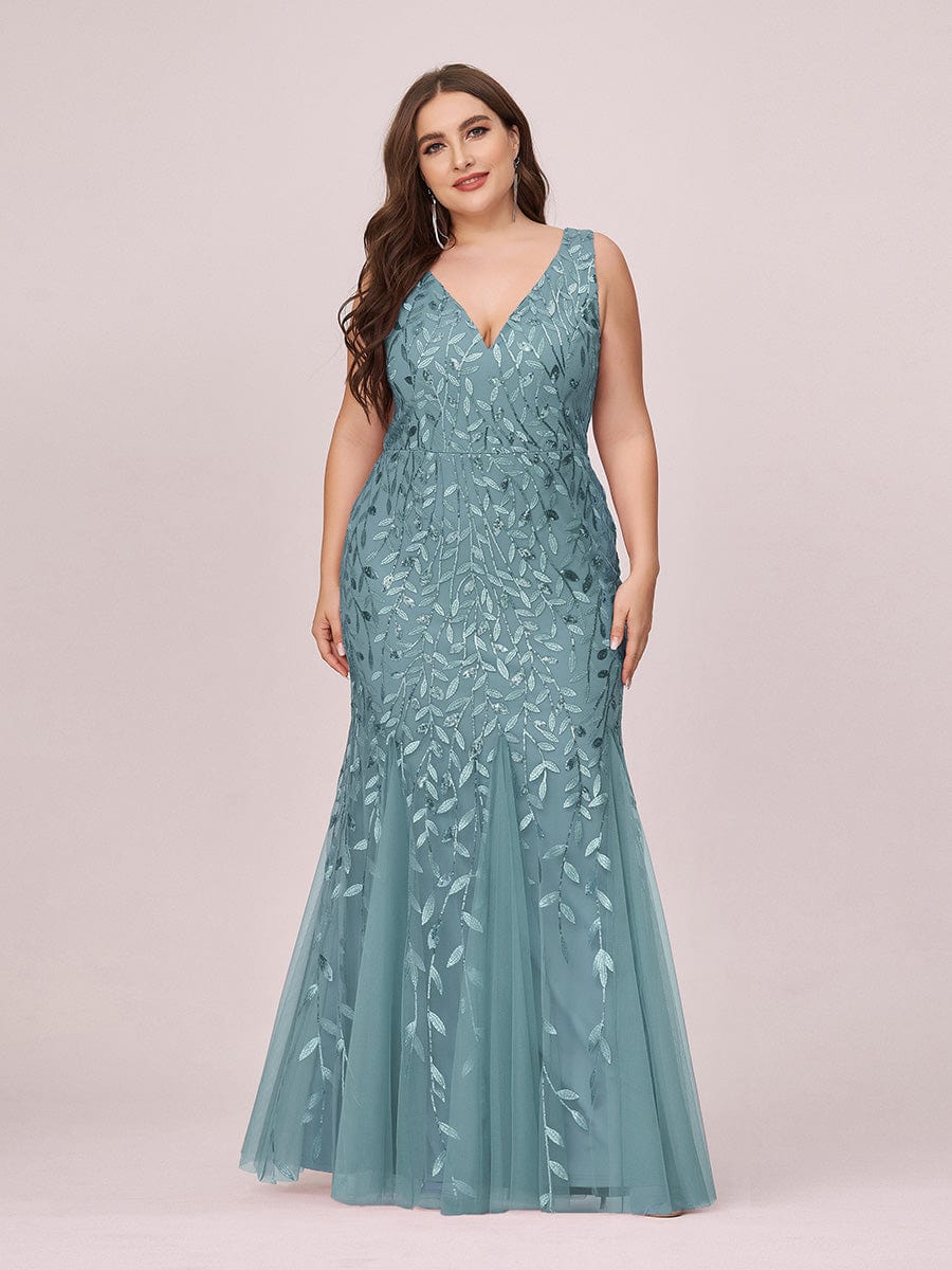 Plus Size Women's V-Neck Fishtail Seuqin Evening Dress #color_Dusty blue